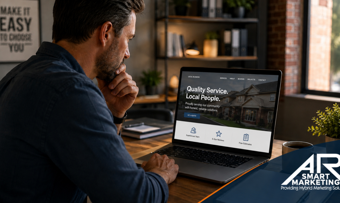 Local business owner reviewing a professional website, with AR Smart Marketing branding, illustrating an easier customer buying experience.