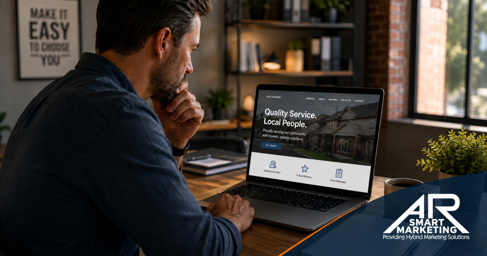 Local business owner reviewing a professional website, with AR Smart Marketing branding, illustrating an easier customer buying experience.