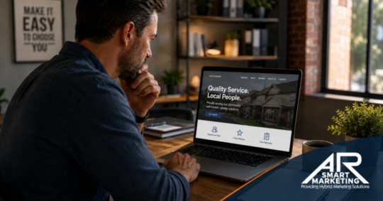 Local business owner reviewing a professional website, with AR Smart Marketing branding, illustrating an easier customer buying experience.