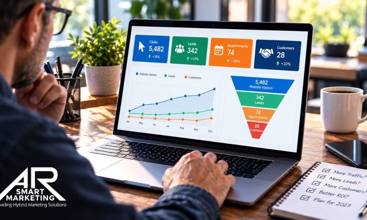 Local business owner reviewing a marketing analytics dashboard showing website clicks, leads, appointments, and new customers to measure conversions and marketing ROI.