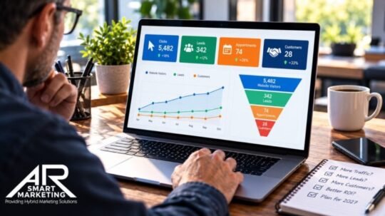 Local business owner reviewing a marketing analytics dashboard showing website clicks, leads, appointments, and new customers to measure conversions and marketing ROI.